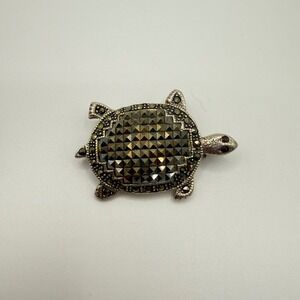 Vintage Sterling Silver 925 Marcasite Turtle Brooch Pin Red Jewel Eyes Animal